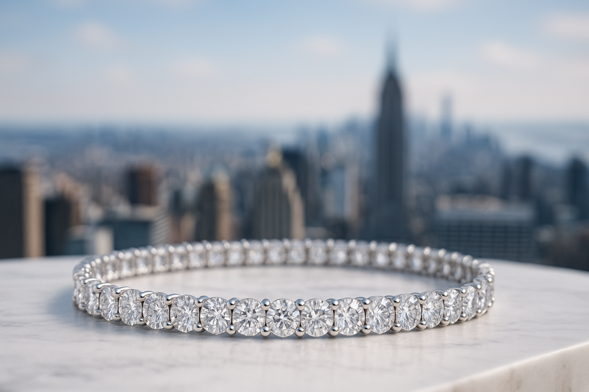 Lab grown diamond tennis bracelet with NYC skyline in background