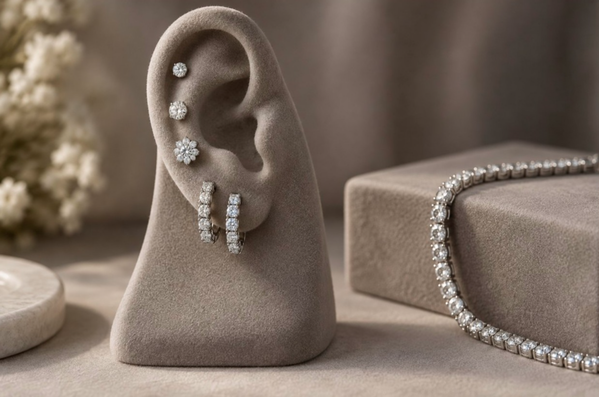 Lab Grown Diamond Style Jewelry on an Ear Display Stand