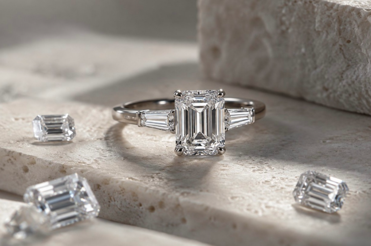 Emerald Cut Diamond Ring and Loose Diamonds on Stone Surface